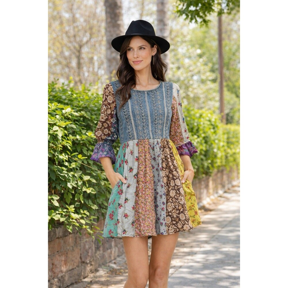 Young Threads Boho Dress Small Grey Patchwork Embroidered Mini Western Hippie